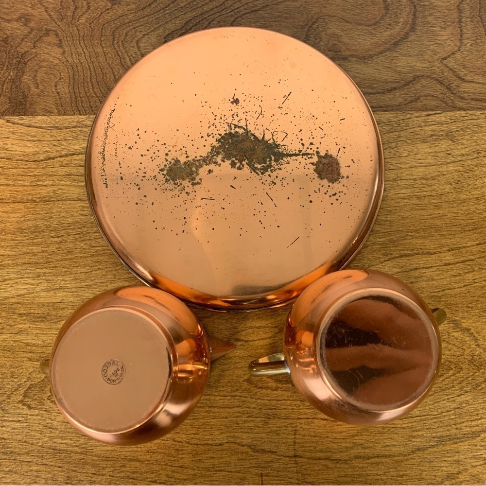 Copral Copper Brass Creamer Sugar Bowl Tray Set Made In Portugal Vtg Mixed Metal - Picture 8 of 11
